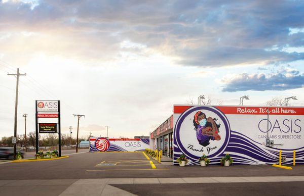 Street view of Oasis Cannabis Superstore at 44th Ave & Sheridan Blvd, Denver, CO.