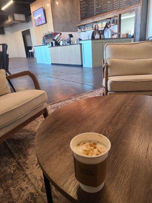 Inside of the coffee shop and my cookie butter latte.