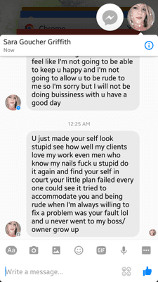 How Sara responded after u posted on Facebook of my experience with her at hair razors. She blocked me after the last message