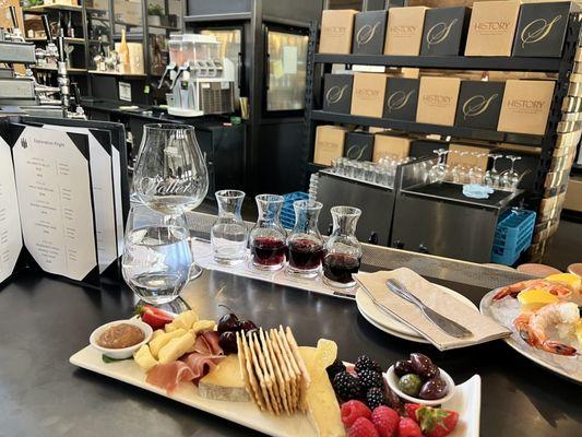 What a spread! Cheese & charcuterie ($20) and 12 shrimp on ice ($16).  Very reasonably priced compared to Napa and Sonoma wine region.