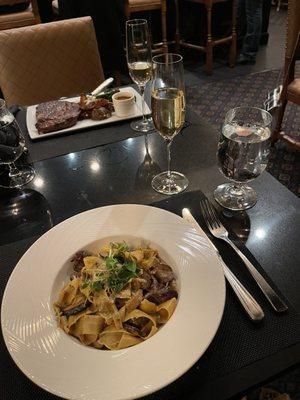 Beef Stroganoff, Rib Eye (I think), and Champagne