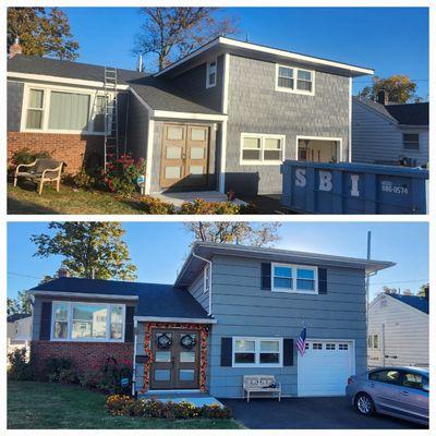 Shingle hardie shake 
Bead board soffit (azek)
Windows trim Azek