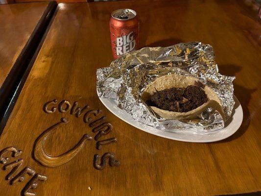 Barbacoa tacos on corn tortillas, plus a Big Red to add a bit of nostalgia.