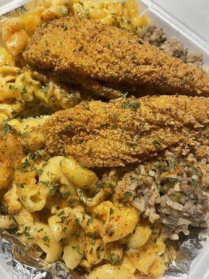 Stuffed catfish, dirty rice, Mac and cheese