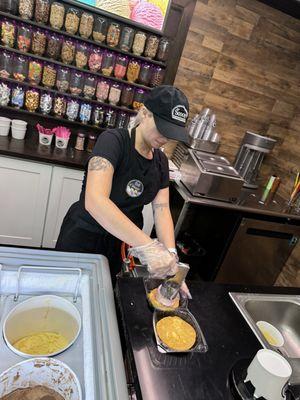 Marley making my Ice Cream sandwich- lemon cookies with Strawberry ice cream