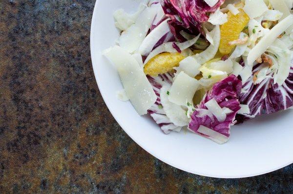 endive salad Belgian endive, radicchio, fennel, orange segments, bacon, pecorino, champagne vinaigrette.