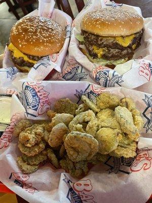 Double cheese burgers and Fried Pickles