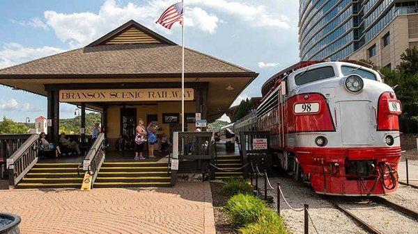 Branson Scenic Railway station and Train 98 in Historic Downtown Branson.