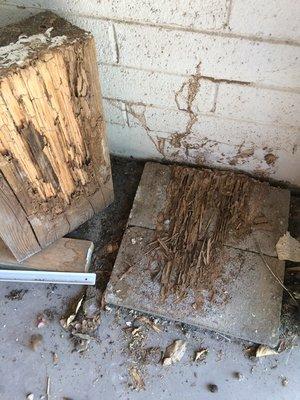 Big block of wood in a garage with termite damage.