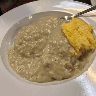 Biscuit and gravy, scrambled egg