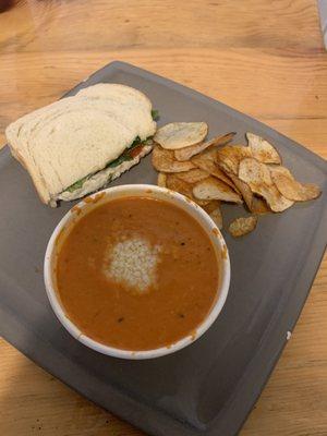 chicken salad sandwich, tomato soup, homemade chips