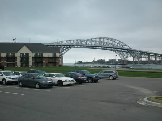 View of the Blue Water Bridges from the parking lot.