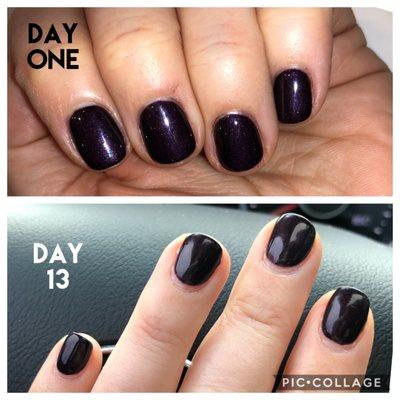 Day One and Day 13 comparison...even with the dark polish, the manicure only looked older because of my growth.