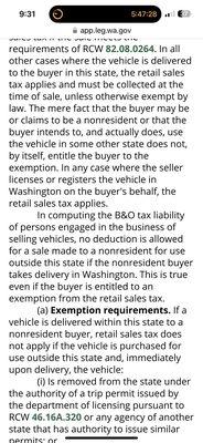 These are screenshots of the actual WA state tax laws pertaining to non resident purchases of a motor vehicle