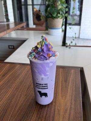 "Purple rain" Softea Taro milk tea with Ube soft serve & fruity pebbles (I opted out of the lychee jellies