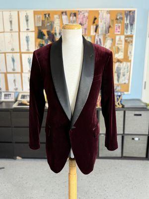 Hand made bespoke custom tuxedo in Italian made burgundy velvet