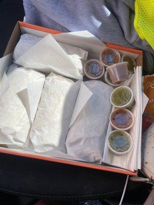 4 Bean and Cheese Burritos with their delicious salsas!