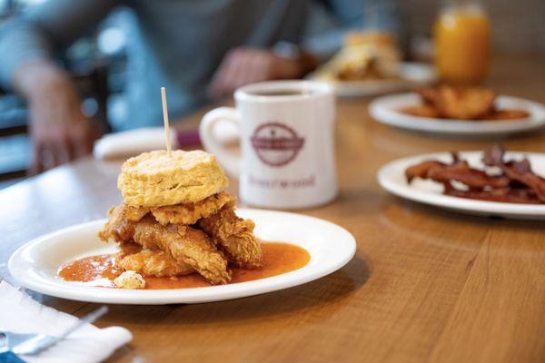 The Squawking Goat - Hand-breaded fried chicken, a breaded goat-cheese medallion, topped with home-made pepper jelly.