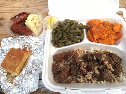 Beef Tip & Rice, green beans and sweet potato.   She's the sweetest!!