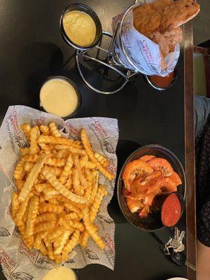 Chicken Tenders, Crab Fries, and Shrimp