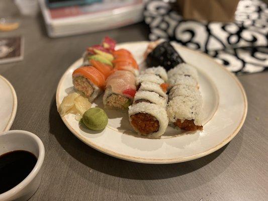 Left Rainbow Roll  Right Spicy Tuna Roll Back California Hand Roll