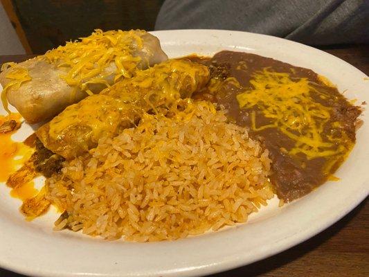 My husband loves the basics! Ground beef chimichanga and an enchilada. Fabulous!