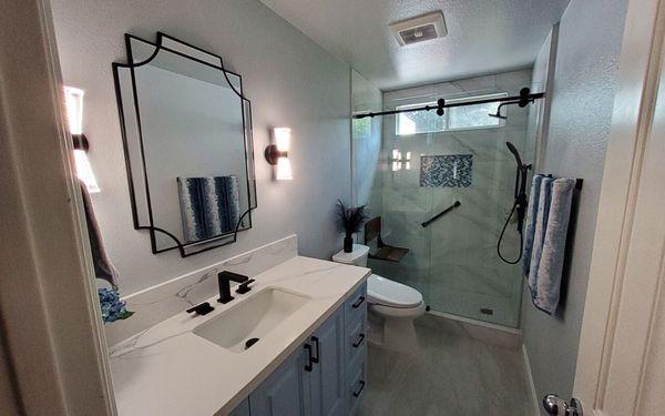 Hallway bathroom chnged from a tub to shower.  also add sconce lighting and the bidet is the best