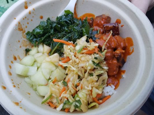 Pork Belly Bowl, white rice underneath. Must try!