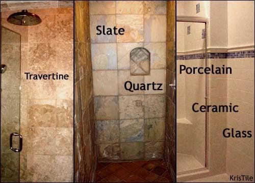 3 tub to shower conversions; comparison of different variety of tiles that we install. Slate, Quartz, Travertine, Ceramic, Glass