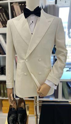 White pick lapel bespoke tuxedo