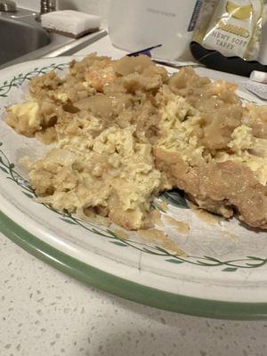 Egg Foo Young on my plate and inside my container at home for inspection.