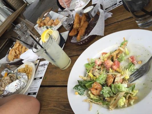 Pulled pork baked potato, beaver chop salad (with shrimp), fried pickles and lots of tots.