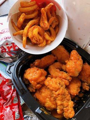 9 piece boneless wings and curly fries