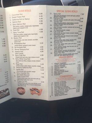 Sushi menu