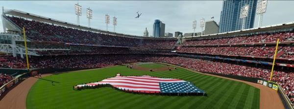 Photo of the flag unfurled during the Cincinnati Reds Opening day