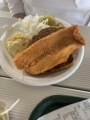 Walleye plate on marbled rye with potato salad!