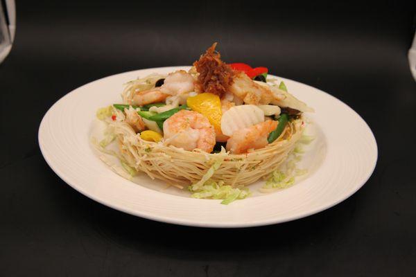 Stir Fired Sea Food and Mixed Vegetables with XO Sauce - shrimp, scallop, asparagus, snow peas, yams, wood ear  mushroom, XO sauce