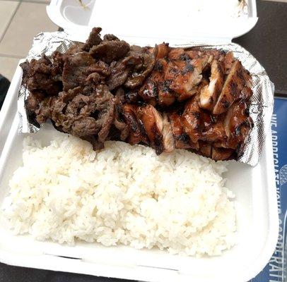 Bulgogi beef with Chicken  katsu on the right with rice (white)