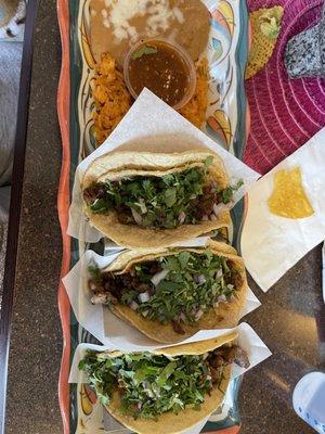 3 steak tacos with Rice and Beans