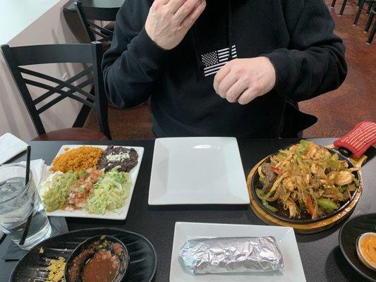 3 meat Fajitas mix, fresh toppings and rolled fajitas.