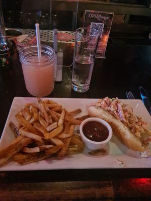 Lobster roll with fries and a frosé