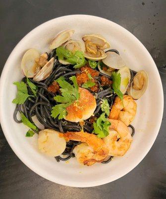 Seafood squid ink pasta