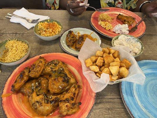 Chicken wings, *Peri Cassava Fries. *Two 1/4 Chicken Leg Thigh *PeriMayo Corn *Red Skinned Potato Salad *Port Rice