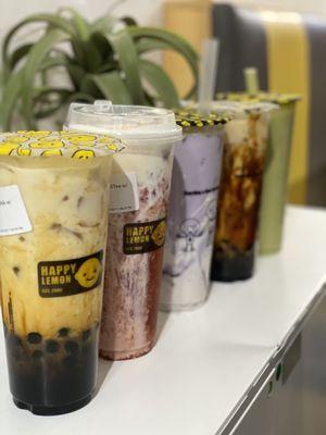 Brown Sugar Boba with Fresh Milk, Strawberry Jasmine Green Tea/Black Tea with Rock Salt Crema, Taro Milk Tea, Avocado Matcha