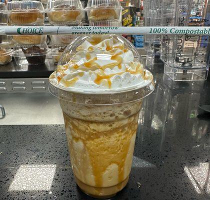 One of our many Blended drinks, this one is our Caramel Silk with Whipped Cream and drizzled with our delicious caramel syrup