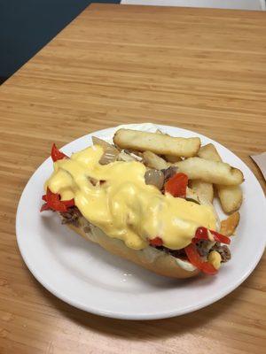 Phat Philly Cheesesteak!!!! Side of steak fries and ranch!!  So good.