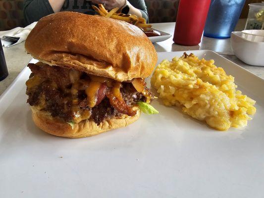 Bacon Cheeseburger with a side of Cheesy Hash Browns