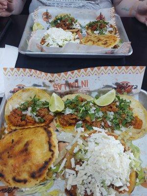 Pastor tacos, gorditas, and sopes.