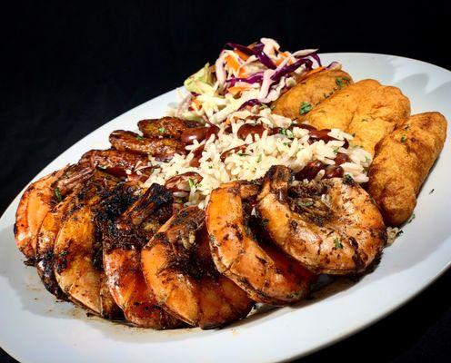 Jerk shrimp rice n peas festival fried plantains and sour slaw