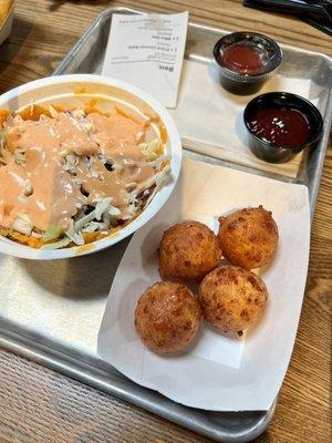 WHO Dey bowl veggie version and fried cheese balls with spicy guava sauce